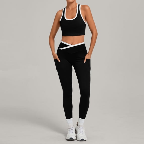 SKQIT 2 Piece Women's Sports Yoga Sets, Sleeveless U Neck Backless Tank Top and High Waist Crossover Leggings With Pockets Gym Pilates Outfits Set