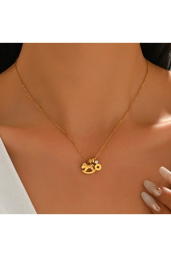 2026 Year of the Horse Rocking Horse Pendant Necklace, Gold Electroplated Stainless Steel, Lucky Chinese Coin & Crystal Inlay, Adjustable Cable Chain Choker for Women
