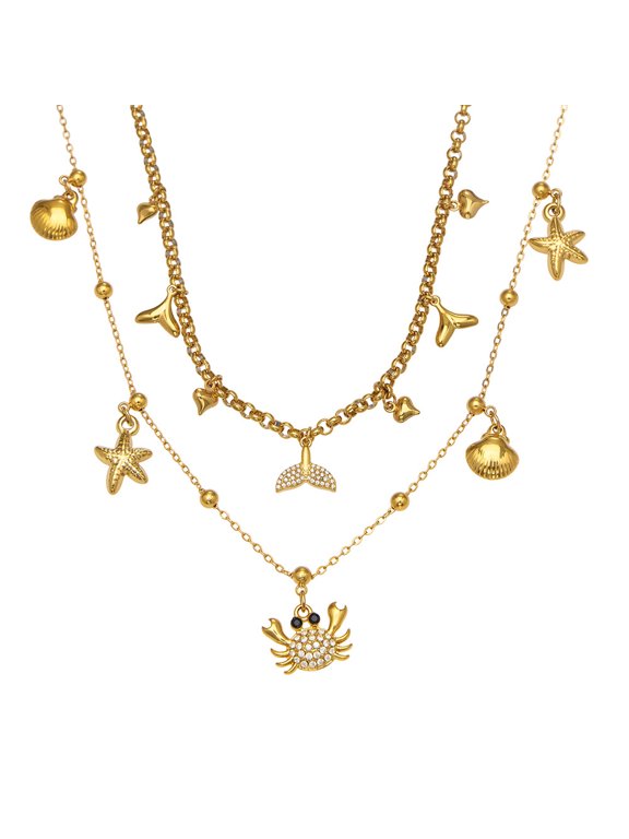 2Pcs Fish Tail Crab Charm Pendent Necklace for Women, Dainty Layered Seashell Conch Starfish Pendant Necklace for Women Stack Trendy Beach Link Chain Necklace Summer Vacation Jewelry