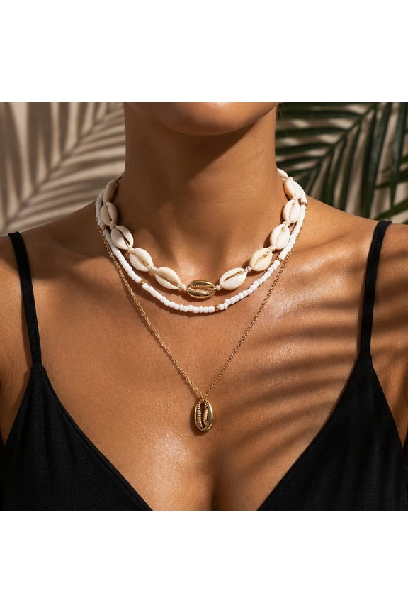 3 Pcs Summer Beach Conch Shell Necklace Set for Women, Boho Layered Rice Bead Pendant Necklace, Dainty Adjustable Bohemian Jewelry for Vacation