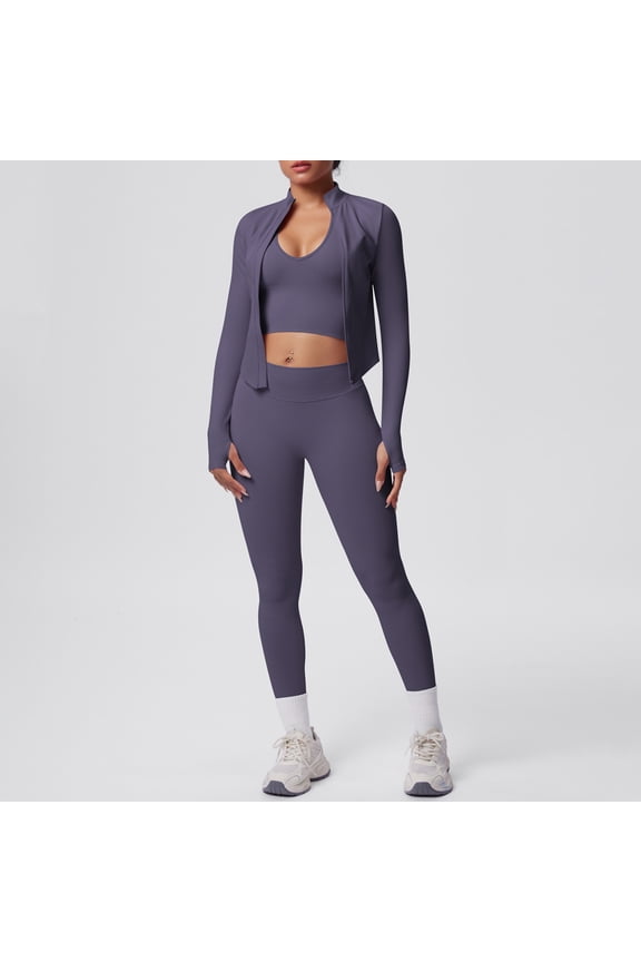 3 Piece Workout Sets for Women–Seamless Workout Sets with Jacket, Sports Bra & High-Waisted Leggings Women's Gym Set