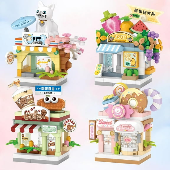 SKQIT 4 PCS Mini City Shop Street View Building Blocks Set,Simulation Architecture Collection Particle Construction Building Bricks Toy,Home Decor