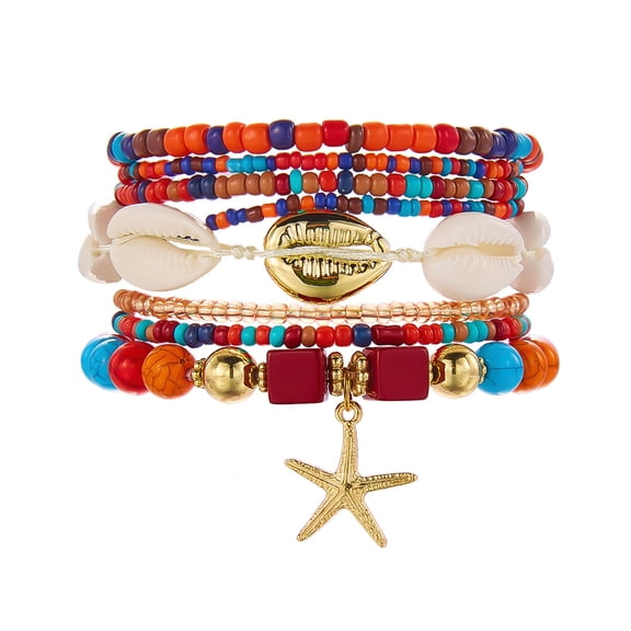 SKQIT 8pcs Summer Beach Bracelets for Women, Stackable Shell Seashell Starfish Beaded Surfer Bracelets Set Boho Seaside Holiday Vacation Party Friendship Jewelry Gift