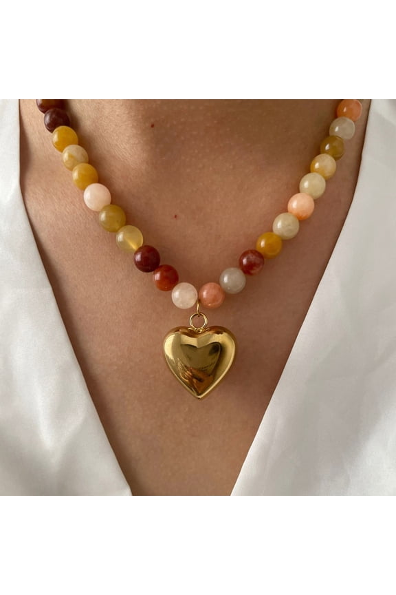 Beaded Necklaces for Women, Colorful Boho Bead Choker With Bubble Puffy Heart Pendant, Natural Stone Rainbow Necklaces Summer Surfer Beach Handmade Jewelry Gift