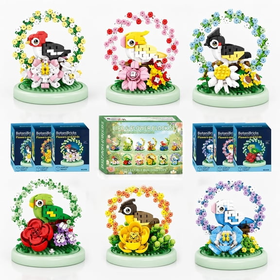 SKQIT Bird & Flower Mini Building Blocks Kit, 6 Pack Collectible Micro Bricks Ornament with Display Base, Christmas Birthday Gift for Teens 14+ & Adult
