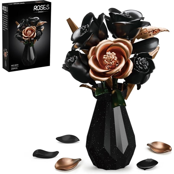 SKQIT Black Gold Rose Bouquet Micro Building Blocks Set, Elegant Black Roses with Gold Centers, Artificial Flower Model with Black Faceted Vase, Gift for Her, Home Decor