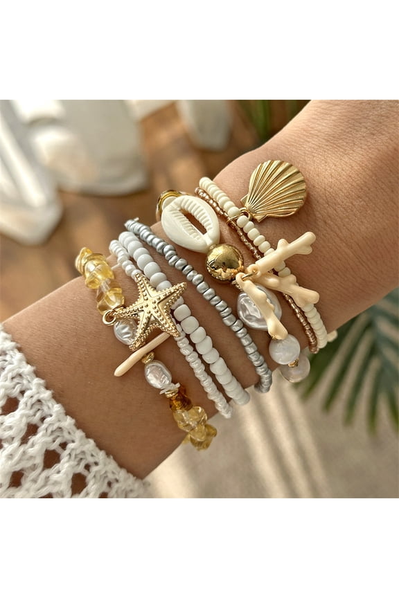 Boho Beach Bracelets Set for Women Shell Beaded Stretch Bracelets Multilayer Seashell Starfish Handmade Summer Jewelry Stackable Gold Plated Beads Bracelet for Vacation