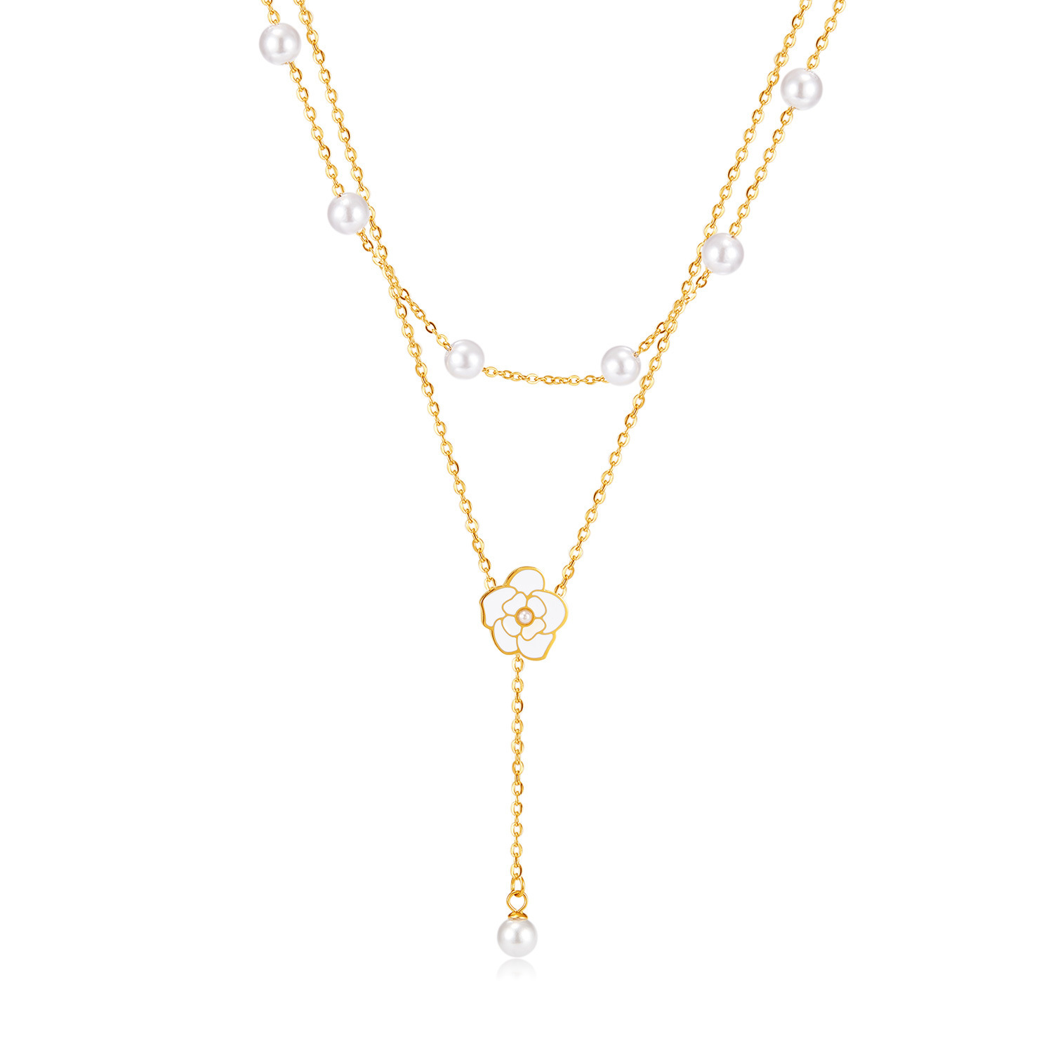 Vogue Camellia Flower Pendant Necklace Asymmetric White Fabric Beaded Elegant Everyday Jewelry For Women