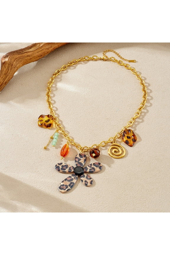 Boho Leopard Print Flower Necklace 18K Gold Plated Stainless Steel Chain, Y2K Tortoise Shell Resin Pendant, Non Tarnish Statement Beaded Charm Jewelry for Summer Beach Vacation