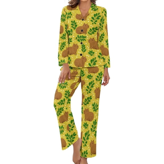 SKQIT Capybara Leaves Yellow Women's Long-Sleeve Shirt And Full-Length Bottom Pajama Set