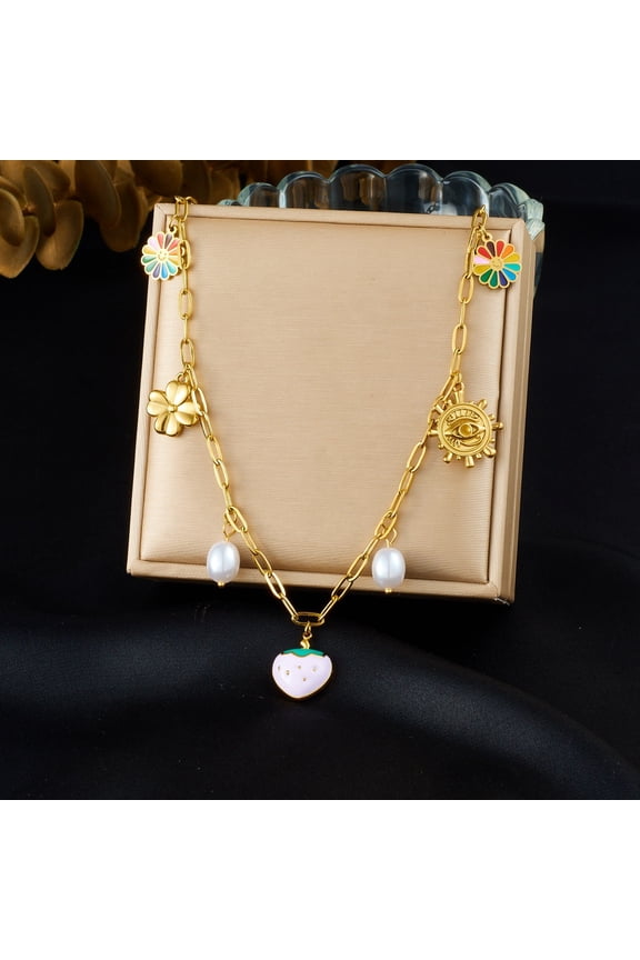 Creative Multi-Element Pendant Necklace with Pink Strawberry, Heart, Sunflower, and Imitation Pearl Charms