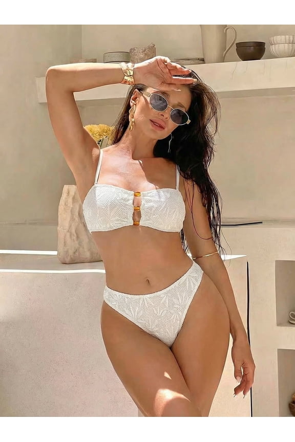 Crochet Lace Bandeau Bikini Set with Amber Bead Detail - High Waist Bottom, Strapless Two-Piece Swimsuit for Women