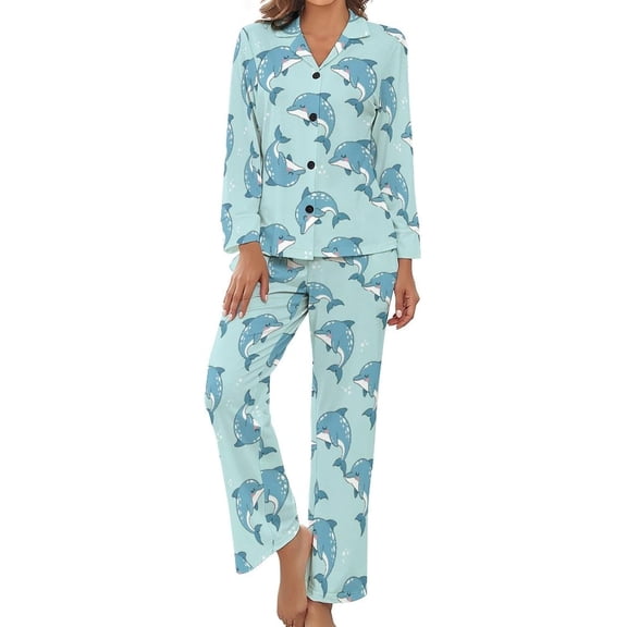 SKQIT Cute Blue Dolphins Women's Long-Sleeve Shirt And Full-Length Bottom Pajama Set