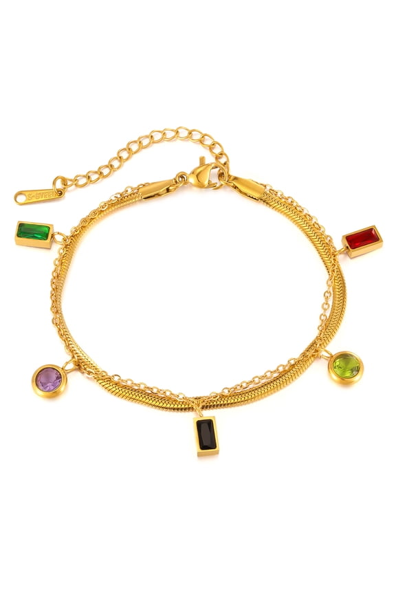 Dainty Gold Link Bracelets for Women Adjustable Double Layered Gold Chain Bracelet with Colorful Cubic Zirconia