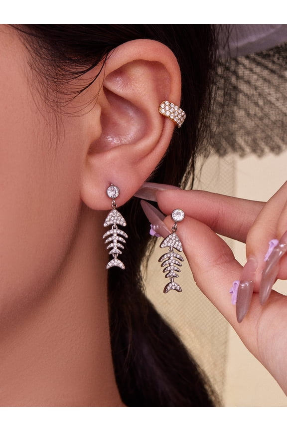 Exquisite Gold-Tone Fish Bone CZ Dangle Earrings with Matching Ear Cuff - Minimalist Luxury for Every Look