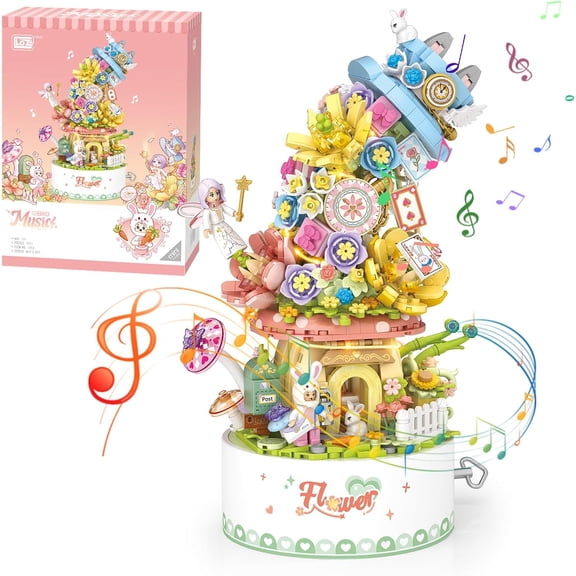 SKQIT Falls Building Blocks Rotating Music Box Set,Candy Flower Bonsai Botanical Collection with Light,Home Decor