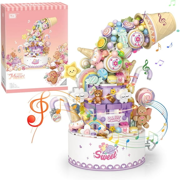 SKQIT Falls Building Blocks Rotating Music Box Set,Candy Flower Bonsai Botanical Collection with Light,Home Decor