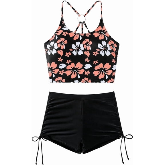 SKQIT Floral Crop Tankini,2 PieceS High Waisted Boyshorts Swimsuits,Modest Bikini Sets for Women Beach Vacation