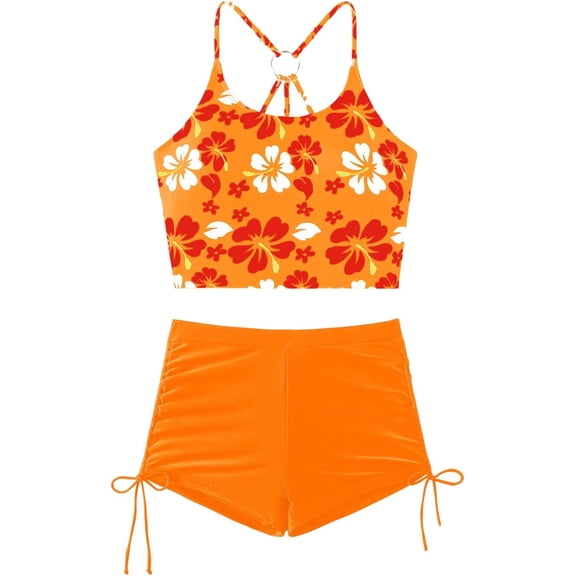 SKQIT Floral Crop Tankini,2 PieceS High Waisted Boyshorts Swimsuits,Modest Bikini Sets for Women Beach Vacation