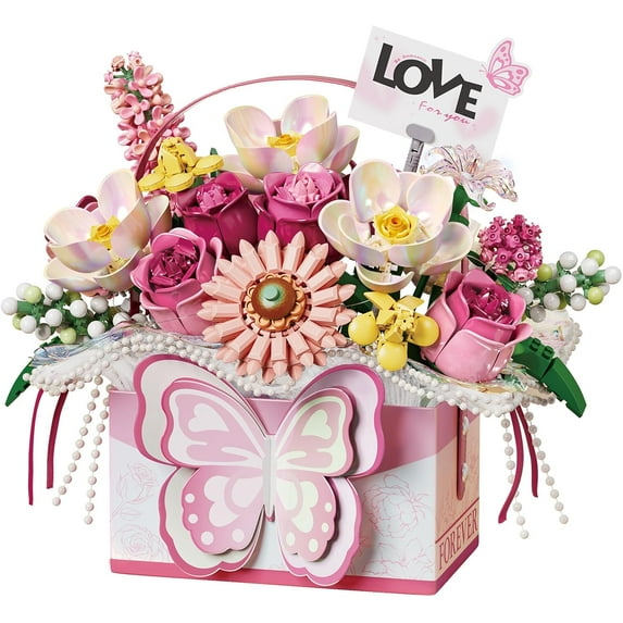 SKQIT Flower Bouquet Building Blocks Model Set,Simulation Artificial Rose Bonsai Plant Building Bricks Toys,Handheld Gift Box Home Decor (Pink Butterfly)