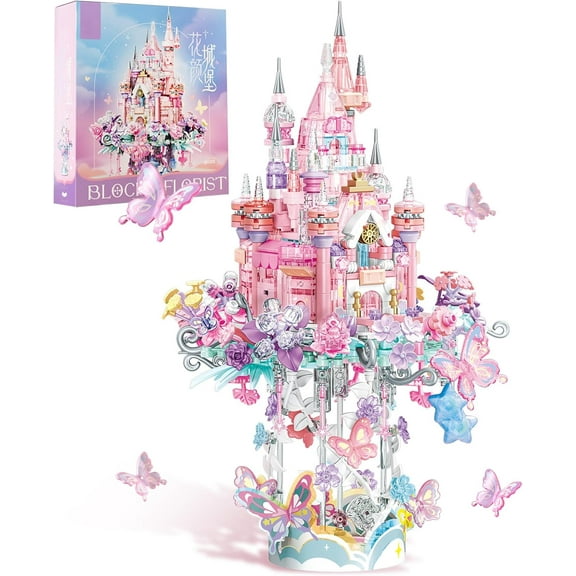 SKQIT Flower Castle Building Blocks Set,Dream Castle On a Cloud Particle Construction Building Bricks Toy,Flowers Butterfly Star Castle Home Decoration
