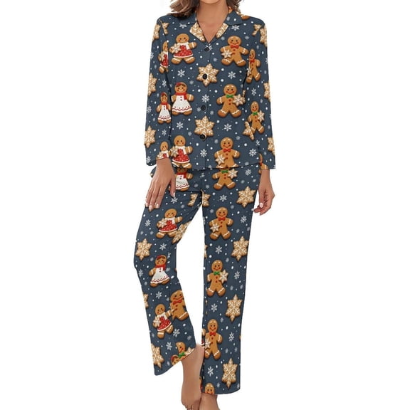 SKQIT Gingerbread Snowflakes Holiday Women's Long-Sleeve Shirt And Full-Length Bottom Pajama Set