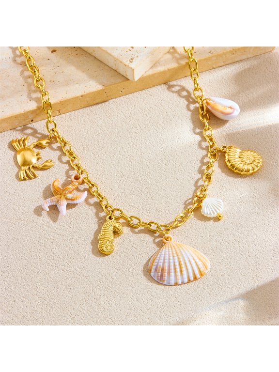 Gold Starfish Necklace for Women Charms Shell Starfish Conch Seahorse Necklace Summer Conch Beach Jewelry
