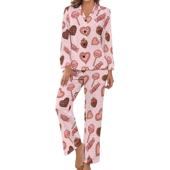 SKQIT Golden Cups Hearts Bells Dots Women's Long-Sleeve Shirt And Full-Length Bottom Pajama Set