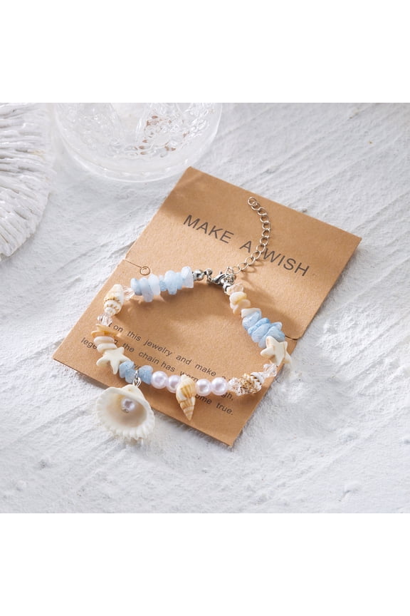 Handmade Natural Shell Starfish Beads Bracelets with a Wish Card Bohemia Sweet Seashell Conch Pearl Charm Bracelets for Women Boho Sea Themed Summer Beach Surfer Vacation Jewelry Gifts