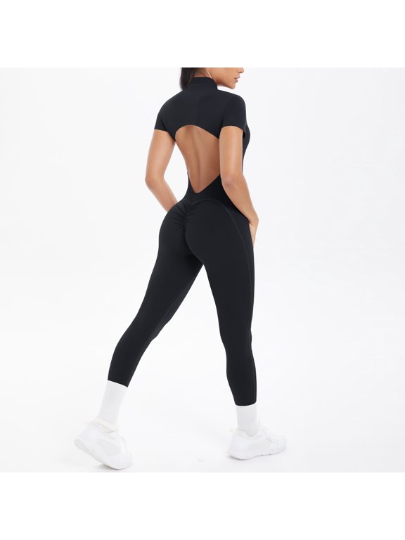 Jumpsuits for Women Short Sleeve Backless One Piece Workout Bodysuit Romper Gym Leggings