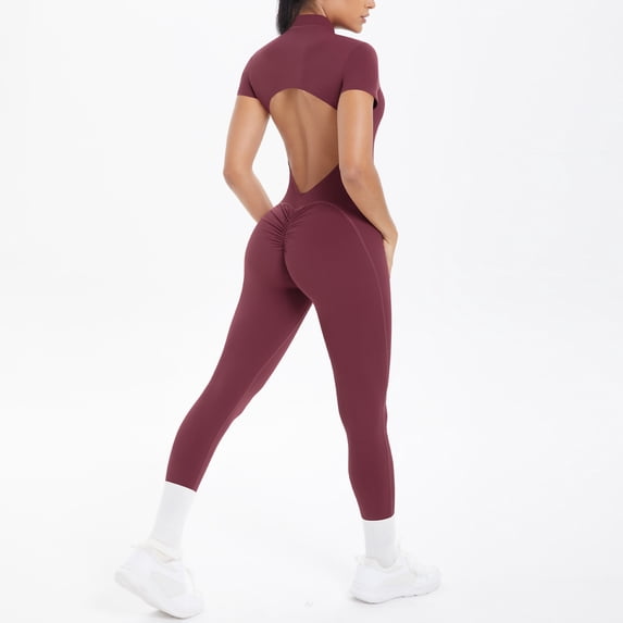 SKQIT Jumpsuits for Women Short Sleeve Backless One Piece Workout Bodysuit Romper Gym Leggings