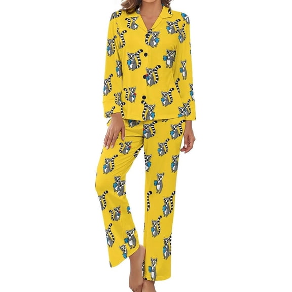 SKQIT Lemur Holding Blue Mug Women's Long-Sleeve Shirt And Full-Length Bottom Pajama Set