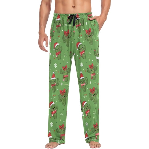 SKQIT Mens Pajama Pants Christmas Cactus Pattern with Hats Soft Lounge Sleep Pant with Pockets Sleepwear PJ Bottoms for Men