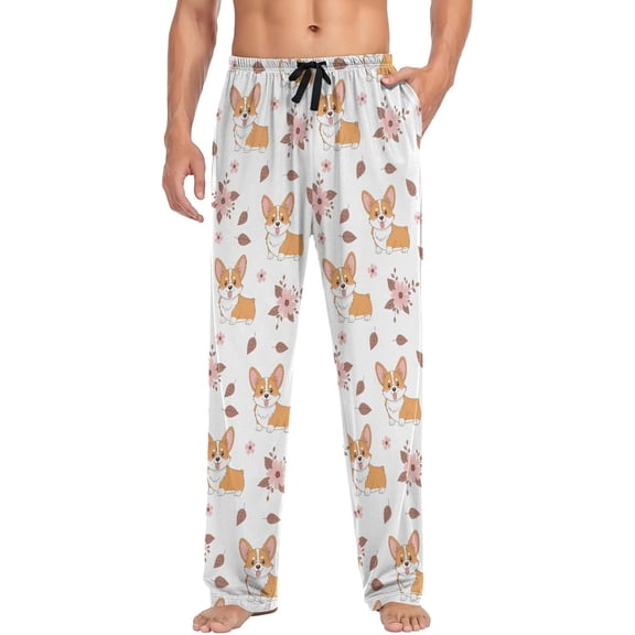SKQIT Mens Pajama Pants Corgi Flowers Leaves Background Soft Lounge Sleep Pant with Pockets Sleepwear PJ Bottoms for Men