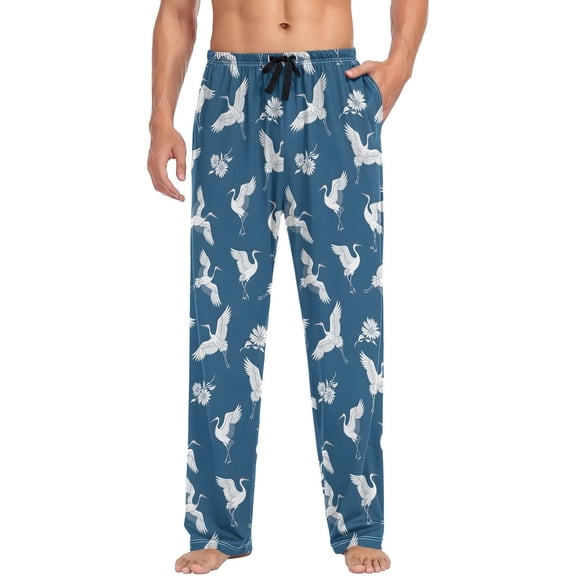 SKQIT Mens Pajama Pants White Cranes Flying Flowers Blue Soft Lounge Sleep Pant with Pockets Sleepwear PJ Bottoms for Men