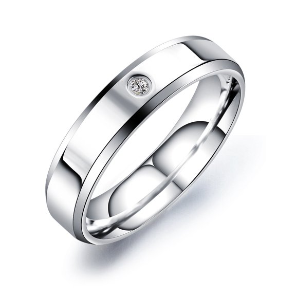 SKQIT Micro Pave Zircon Stainless Steel Titanium Steel Couple Rings, Glossy Titanium Steel Simple Single Zircon Band Rings for Men Women