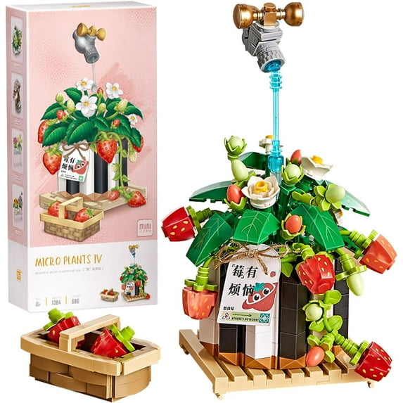 SKQIT Mini Building Blocks Bonsai Plant Model Set,Simulation Particle Flower Succulent Botanical Collection Construction Building Bricks Toy,Home Decor,13+(Strawberry)