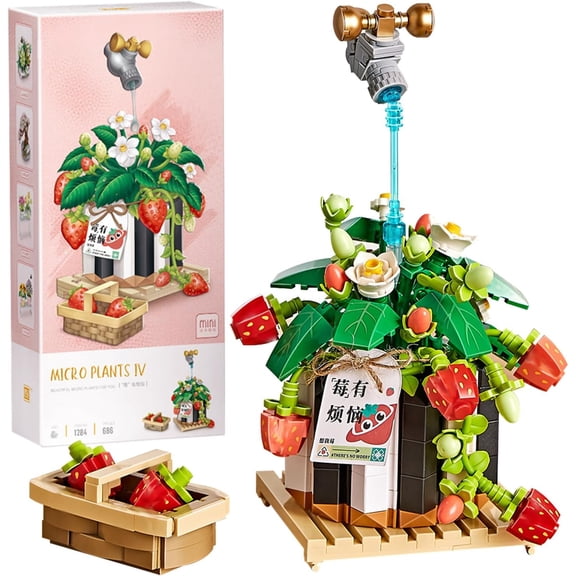 SKQIT Mini Building Blocks Bonsai Plant Model Set,Simulation Particle Flower Succulent Botanical Collection Construction Building Bricks Toy,Home Decor,13+(Strawberry)