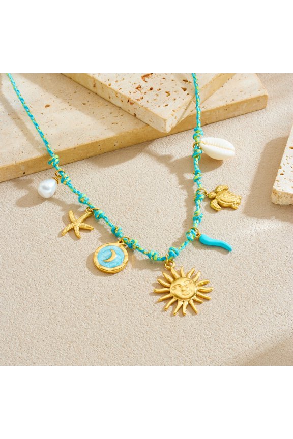 Nautical-Themed Braided Rope Choker with Sun, Moon, Starfish & Shell Pendants - Unique DIY-Style Minimalist Necklace for Women