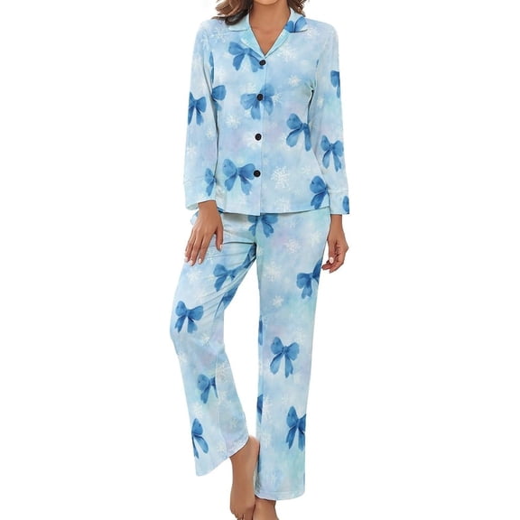SKQIT Pajama Sets for Womens Blue Bows Snowy Loose Button Down Long Sleeve Shirts And Pants Set
