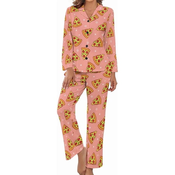 SKQIT Pajama Sets for Womens Cartoon Pizza Slices Loose Button Down Long Sleeve Shirts And Pants Set