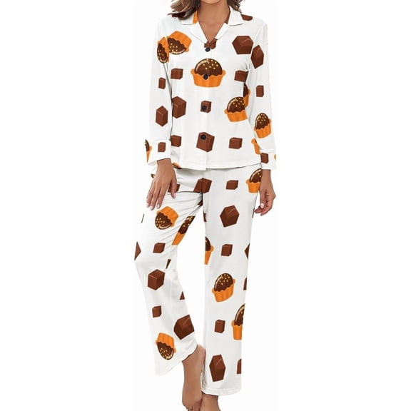 SKQIT Pajama Sets for Womens Chocolate Cupcake Pattern Loose Button Down Long Sleeve Shirts And Pants Set