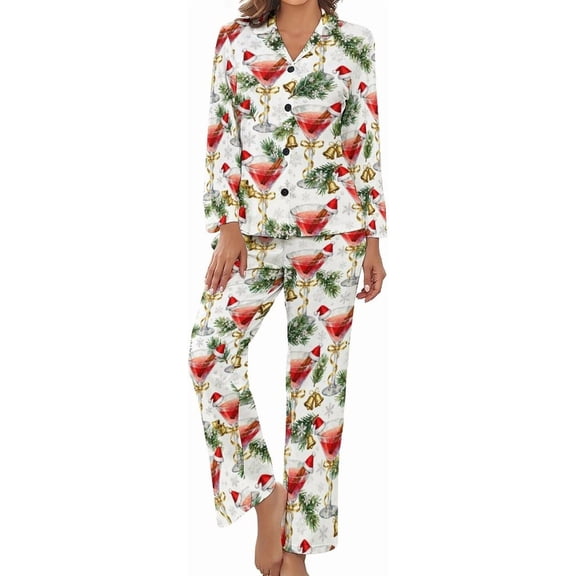 SKQIT Pajama Sets for Womens Christmas Cocktail Pattern Loose Button Down Long Sleeve Shirts And Pants Set