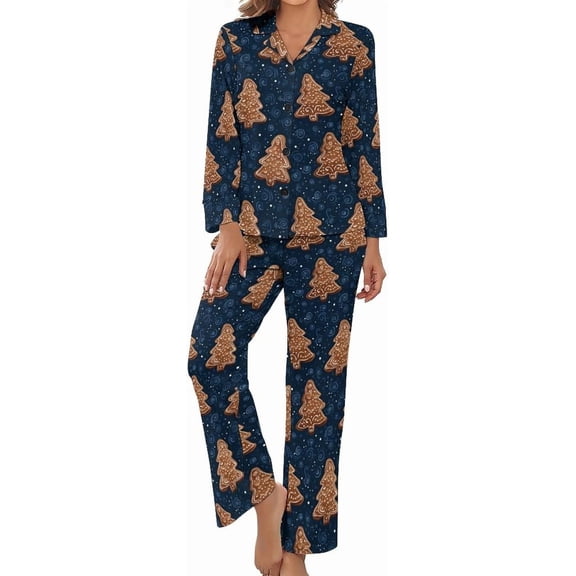 SKQIT Pajama Sets for Womens Christmas Tree Cookies Loose Button Down Long Sleeve Shirts And Pants Set