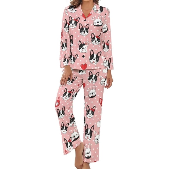 SKQIT Pajama Sets for Womens Cute Dog Faces Hearts Loose Button Down Long Sleeve Shirts And Pants Set
