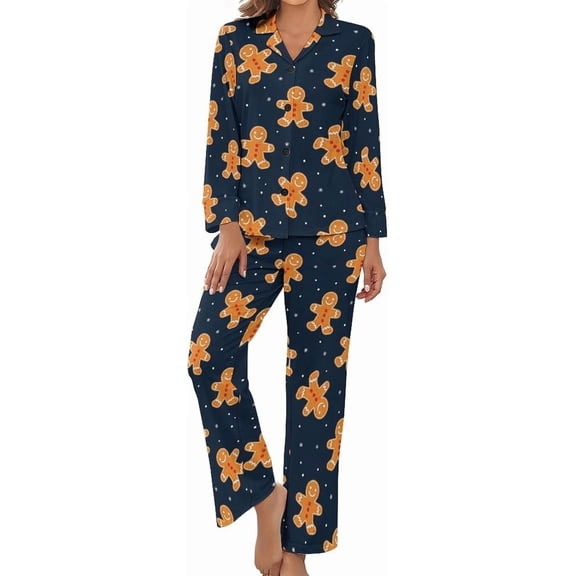 SKQIT Pajama Sets for Womens Gingerbread Men Snowflakes Stars Loose Button Down Long Sleeve Shirts And Pants Set