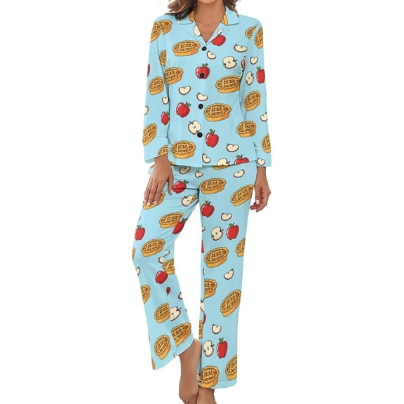 SKQIT Pajama Sets for Womens Pie Slice Pattern Loose Button Down Long Sleeve Shirts And Pants Set