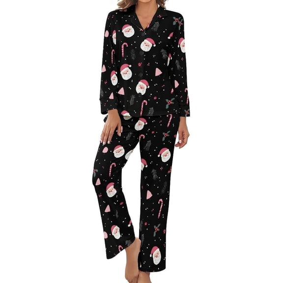 SKQIT Pajama Sets for Womens Santa Candy Canes Loose Button Down Long Sleeve Shirts And Pants Set