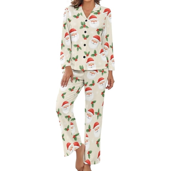 SKQIT Pajama Sets for Womens Santa Holly Leaves Loose Button Down Long Sleeve Shirts And Pants Set