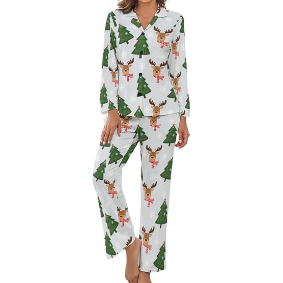 SKQIT Pajama Sets for Womens Trees Reindeers Snowflakes Loose Button Down Long Sleeve Shirts And Pants Set